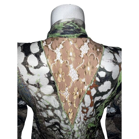 Alberto Makali Top Green Brown 2-fer Lace 3/4 Sleeve Embellished Blouse Size S - Picture 8 of 9